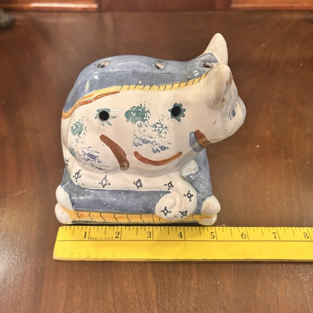 Vintage Portugal Pottery Cat Flower Frog Bud Vase Primitive Folk Art Signed 5